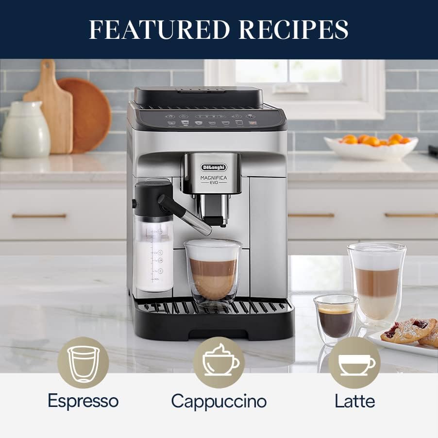 DeLonghi Magnifica Evo with LatteCrema System, Fully Automatic Machine Bean to Cup Espresso Cappuccino and Iced Coffee Maker, Colored Touch Display,Black, Silver