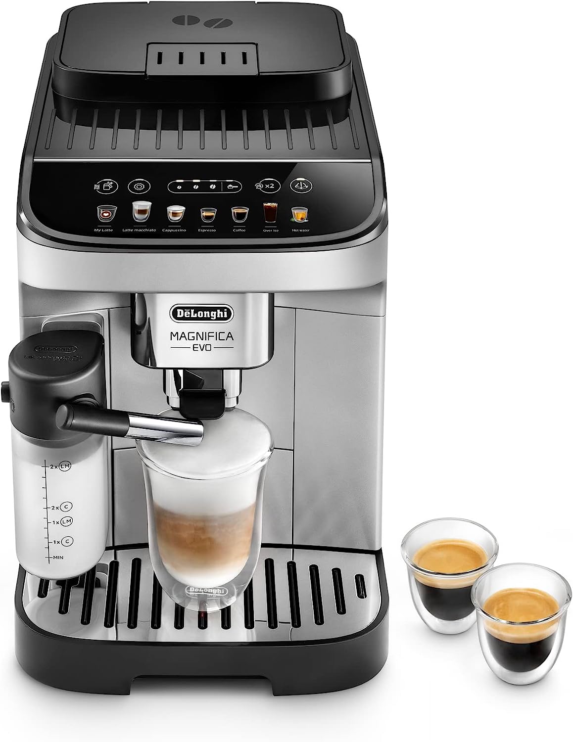 DeLonghi Magnifica Evo with LatteCrema System, Fully Automatic Machine Bean to Cup Espresso Cappuccino and Iced Coffee Maker, Colored Touch Display,Black, Silver