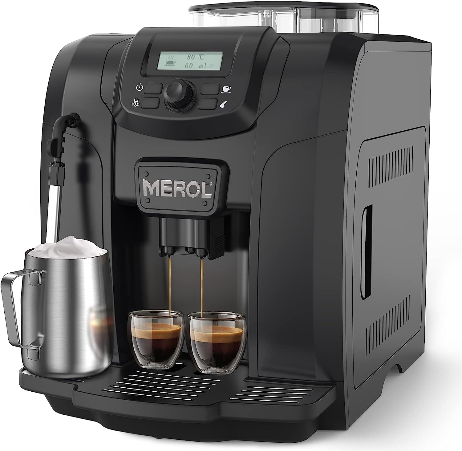 MEROL Automatic Espresso Coffee Machine, 19 Bar Barista Pump Coffee Maker with Grinder and Manual Milk Frother Steam Wand for Cappuccino Latte Macchiato, Black