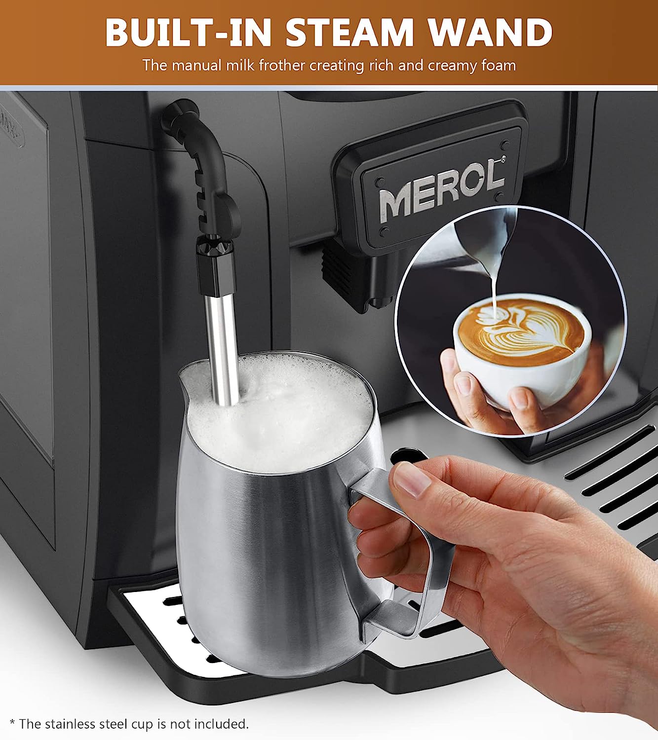 MEROL Automatic Espresso Coffee Machine, 19 Bar Barista Pump Coffee Maker with Grinder and Manual Milk Frother Steam Wand for Cappuccino Latte Macchiato, Black