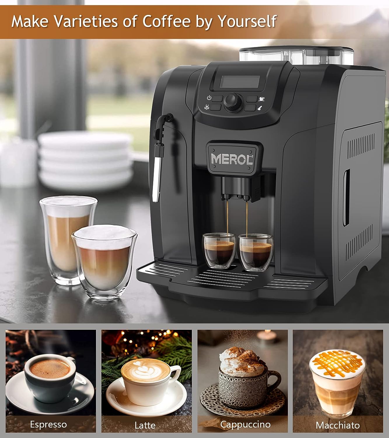 MEROL Automatic Espresso Coffee Machine, 19 Bar Barista Pump Coffee Maker with Grinder and Manual Milk Frother Steam Wand for Cappuccino Latte Macchiato, Black